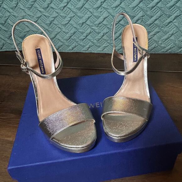 Stuart Weitzman Silver Ankle Strap Block Heel Women's Sandals New in Box - Picture 4 of 9